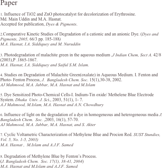 Paper

 Influence of TiO2 and ZnO photocatalyst for decolorization of Erythrosine. Md. Main Uddin and M.A. Hasnat.
Accepted for publication, Dyes & Pigments.

Comparative Kinetic Studies of Degradation of a cationic and an anionic Dye. (Dyes and Pigments, 2005, 66/3 pp. 185-188)
M.A. Hasnat, I.A. Siddiquey and M. Nuruddin

 Photodegradation of malachite green in the aqueous medium ,J Indian Chem, Sect A. 42/8(2003),P .1865-1867.
M.A. Hasnat, I.A. Siddiquey and Saiful S.M. Islam.

 Studies on Degradation of Malachite Green(oxalate) in Aqueous Medium. I. Fenton and  Photo- Fenton Process, J.  Bangladesh Chem. Soc. 15(1),30-38, 2002.
AJ Mahmood, M.A. Jabbar, M.A. Hasnat and M.Islam 

 Dye Sensitized Photo-Chemical Cells-I. Indium-Tin oxide/ Methelene Blue Electrode  System. Dhaka  Univ. J. Sci., 2003, 51(1), 1- 7.
A.J Mahmood, M.Islam, M.A. Hasnat and A.N. Chowdhury

 Influence of light on the degradation of a dye in homogeneous and heterogeneous media J. Bangladesh Chem.  Soc. ,2003, 16(1), 57-70.
AJ Mahmood, M.A. Jabbar, M.A. Hasnat, and S. Akter

 Cyclic Voltametric Characterization of Methylene Blue and Procion Red. SUST Stundies, Vol. 5, No. 1-5, 2003)
M.A. Hasnat ,  M.Islam and A.J.F. Samed

 Degradation of Methylene Blue by Fenton’s Process. 
(J. Bangladesh Chem.  Soc. 17(1), 38-41, 2004)
M.A. Hasnat and M.Islam and A.J.F. Samed